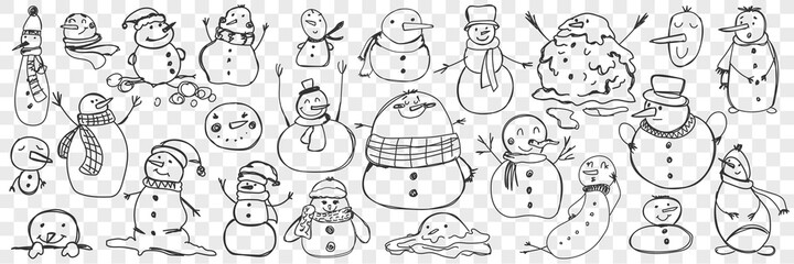 Snowman doodle set. Collection of funny hand drawn cute snowmen in scarves and accessories isolated on transparent background. Illustration of winter traditional entertainment and character for kids. - obrazy, fototapety, plakaty