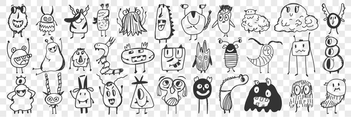 Scary cartoon characters doodle set. Collection of hand drawn cute scary spooky cartoon characters with teeth, wings, eyes like funny monsters isolated on transparent background © drawlab19