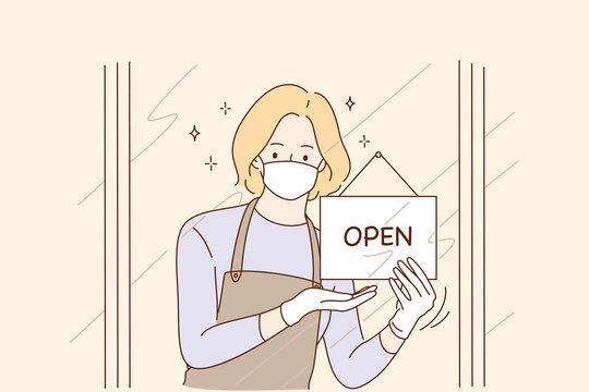 Opening doors after coronavirus pandemic, reopening concept. Young woman in protective medical mask opening door of cafe or shop with men sign and waiting for guests again vector illustration 
