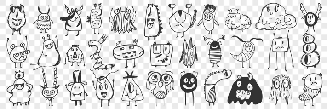 Scary cartoon characters doodle set. Collection of hand drawn cute scary spooky cartoon characters with teeth, wings, eyes like funny monsters isolated on transparent background