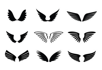 A set of Black Wings. Vector Illustration and outline Icons. Symbol of freedom.