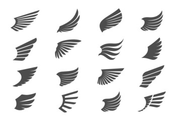 A set of Black Wings. Vector Illustration and outline Icons. Symbol of freedom.