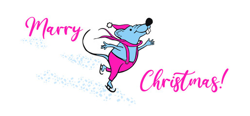 Fototapeta na wymiar funny mice skating, Merry christmas and a happy new year banner, postcard, 