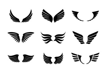 A set of Black Wings. Vector Illustration and outline Icons. Symbol of freedom.