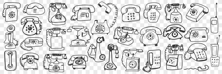 Telephone set doodle set. Collection of hand drawn retro vintage telephone sets with tube and wires isolated on transparent background. Illustration of old fashioned communication type