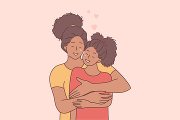 Happy mothers day holiday celebration, love between mother and daughter concept. Young afro american mother cartoon character embracing and having fun together with with cute little daughter 