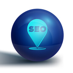 Blue SEO optimization icon isolated on white background. Blue circle button. Vector.