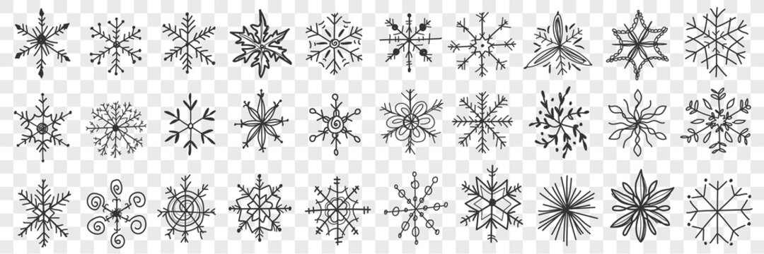 Snowflakes doodle set. Collection of hand drawn beautiful snowflakes of different patterns traditional for winter isolated on transparent background. Illustration of snow magic decorations 