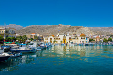 Fototapeta premium Kalymnos harbour view from sea. Kalymnos Island is populer tourist destination in Greece. 