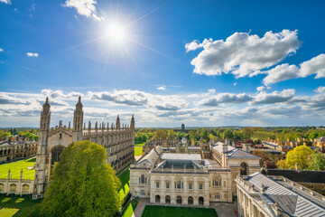 Sunny skyline panorama of Cambridge in England