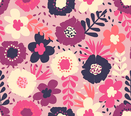 Seamless pattern with tropical pretty flowers, leaves and floral elements, vector
