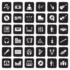 Music Icons. Grunge Black Flat Design. Vector Illustration.