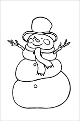 Snowman coloring book. A hand-drawn coloring book for children and adults. See more coloring pages in the collections. Vector.