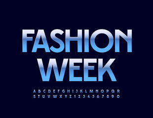 Vector chic banner Fashion Week. Blue metal Font. Elegant modern Alphabet Letters and Numbers set