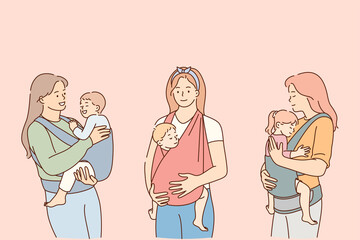 Mothers carrying their kids in slings lifestyle concept. Positive young women mothers carrying their reborn children in cotton sling, babies feeling love and protection from mother vector illustration