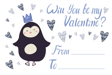 Isolated colorful illustration of cute penguin with crown will you be my Valentine card with hearts