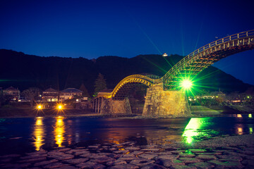 The Kintai Bridge at night  in Iwakuni, Japan