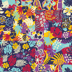 Cute tropical plants flower and leaves wallpaper abstract colorful floral patchwork vector seamless pattern - obrazy, fototapety, plakaty