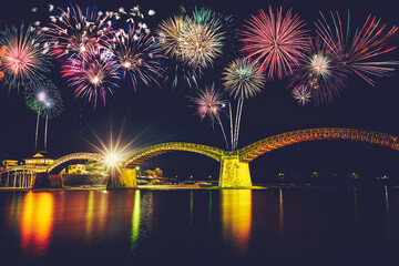 Fireworks display at  Kintai Bridge in Iwakuni, Japan