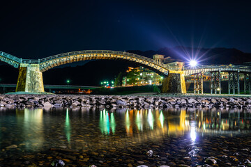 The Kintai Bridge at night in Iwakuni, Japan
