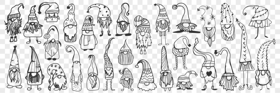 Cap for gnome doodle set. Collection of funny hand drawn cute gnomes elf wearing caps covering eyes and face isolated on transparent background. Illustration of scandinavian traditional characters hat