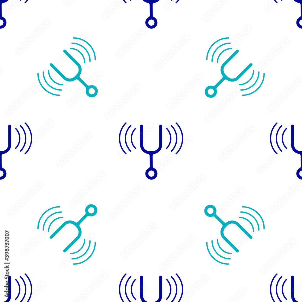 Poster blue musical tuning fork for tuning musical instruments icon isolated seamless pattern on white back