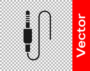 Black Audio jack icon isolated on transparent background. Audio cable for connection sound equipment. Plug wire. Musical instrument.  Vector.