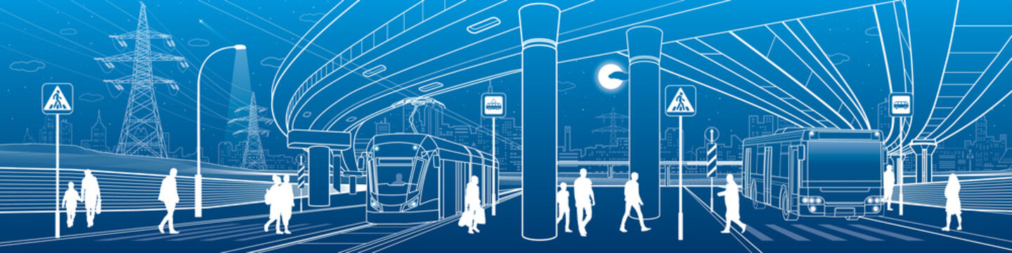 Town scene. Automobile bridge, overpass. Passengers get off the bus and tram. Night city on background. City transport. Power line. Outline vector infrastructure illustration. White outline sketch.