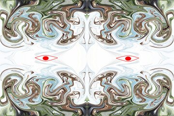 Abstract collage using distortion of the color and shape of the layer and the use of fictional eyes.
