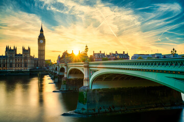 Big Ben and Westminster bridge at sunset in London