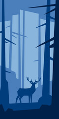 Low poly silhouette landscape with deer. In forest. Vector illustration