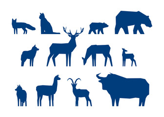 Set of low poly animals. Silhouettes of bear, deer, wolf, mountain goat, etc. Vector illustration