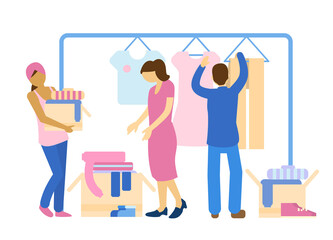 People sharing clothes. Sharing economy concept. Charity and donation concept.