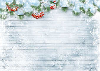Christmas snowy firtree with holly and snowflakes on wooden  board. Beautiful christmas card with...