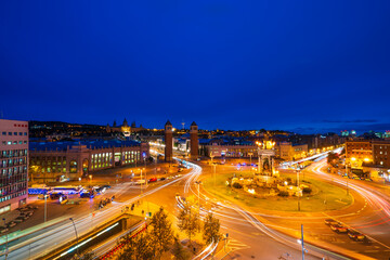 Plaza de Espanya at dusk. Barcelona, Spain