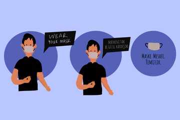 Maske, mesafe, temizlik: Turkish authoraties' slogan for coronavirus, which means: mask, distance, clean.