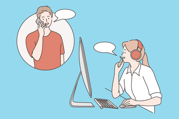 Customer care, clients assistance, hotline operator concept. Young smiling woman with headset sitting at computer and talking with man client online during work illustration over blur background