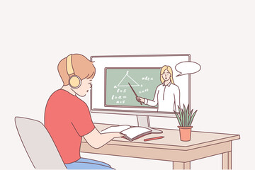 Elearning, online education, distant studying concept. Boy student pupil in headphones having video conference and e-learning with teacher on computer in living room at home illustration 
