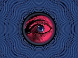 Vintage drawing human eye look through peephole on blue circle BG