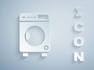 Paper cut Washer icon isolated on grey background. Washing machine icon. Clothes washer - laundry machine. Home appliance symbol. Paper art style. Vector.