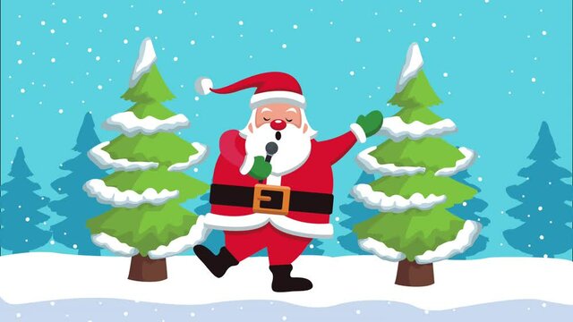 happy merry christmas animation with santa claus and pines trees scene