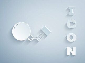 Paper cut Ball on chain icon isolated on grey background. Paper art style. Vector.