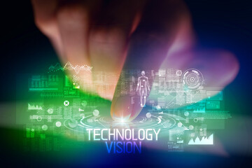 Finger touching tablet with web technology icons and TECHNOLOGY VISION inscription