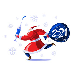 Santa Claus with vaccine and bag with the inscription 2021. Concept symbolizing the end of the coronavirus epidemic. Isolated vector illustration on white background.