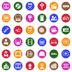 Movie Icons. White Flat Design In Circle. Vector Illustration.