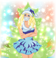 Happy New 2021 Year card Santa Claus girl with medical mask and xmas tree, vector illustration	