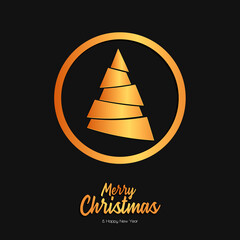 Merry Christmas and Happy New Year lettering vector illustration with Christmas Tree on black background paper art dark style with golden elemens