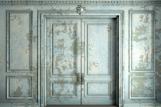 Classic wall of old stucco double classic door and blue paint