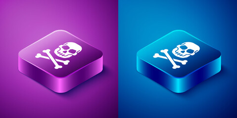 Isometric Skull on crossbones icon isolated on blue and purple background. Happy Halloween party. Square button. Vector.