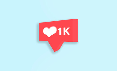 Three-dimensional social network icon in red, one thousand likes, with a heart and the text "1K" in white, on a blue background